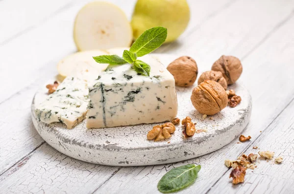 Segment Blue Mould Cheese Gorgonzola Pear Walnuts Wooden Board Top — Stock Photo, Image