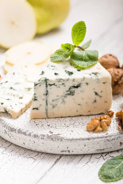 Segment Blue Mould Cheese Gorgonzola Pear Walnuts Wooden Board Top — Stock Photo, Image