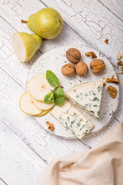 Segment Blue Mould Cheese Gorgonzola Pear Walnuts Wooden Board Top — Stock Photo, Image