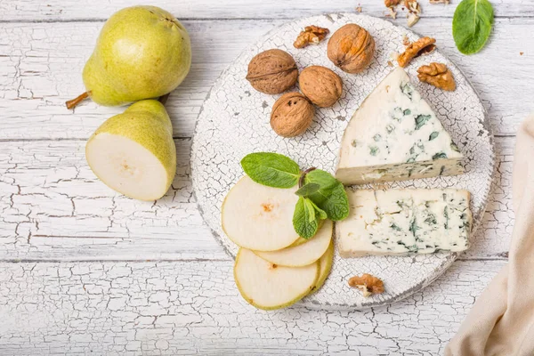 Segment Blue Mould Cheese Gorgonzola Pear Walnuts Wooden Board Top — Stock Photo, Image