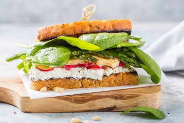 Tofulu vejetaryen sandviç, ıspanak, turp, kuşkonmaz ve yeşil sos..