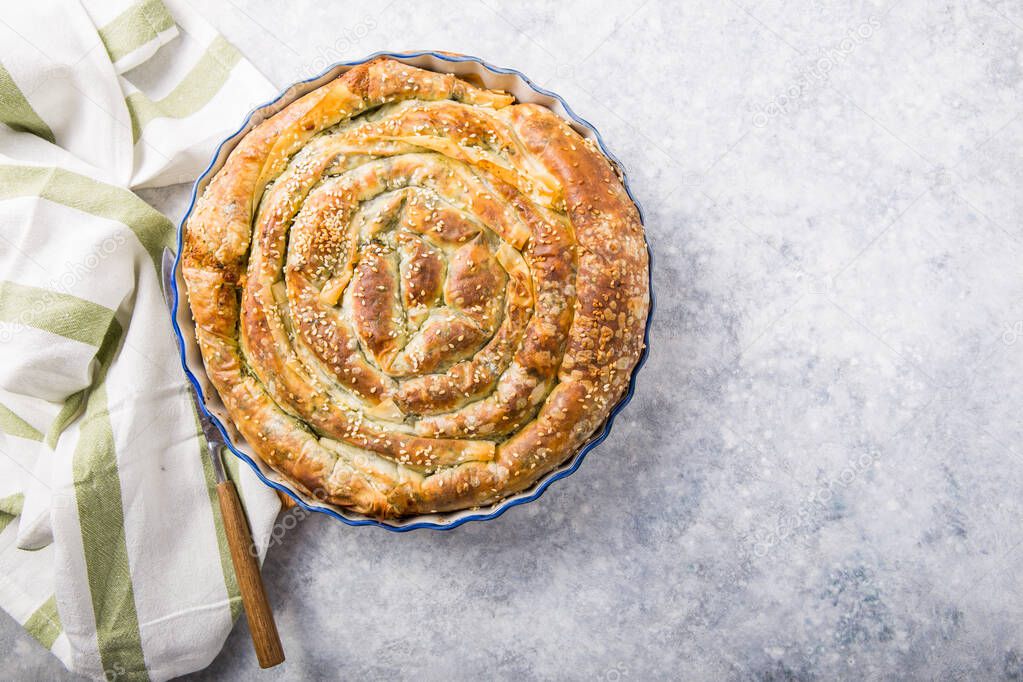 Homemade greek spanakopita pie with organic spinach