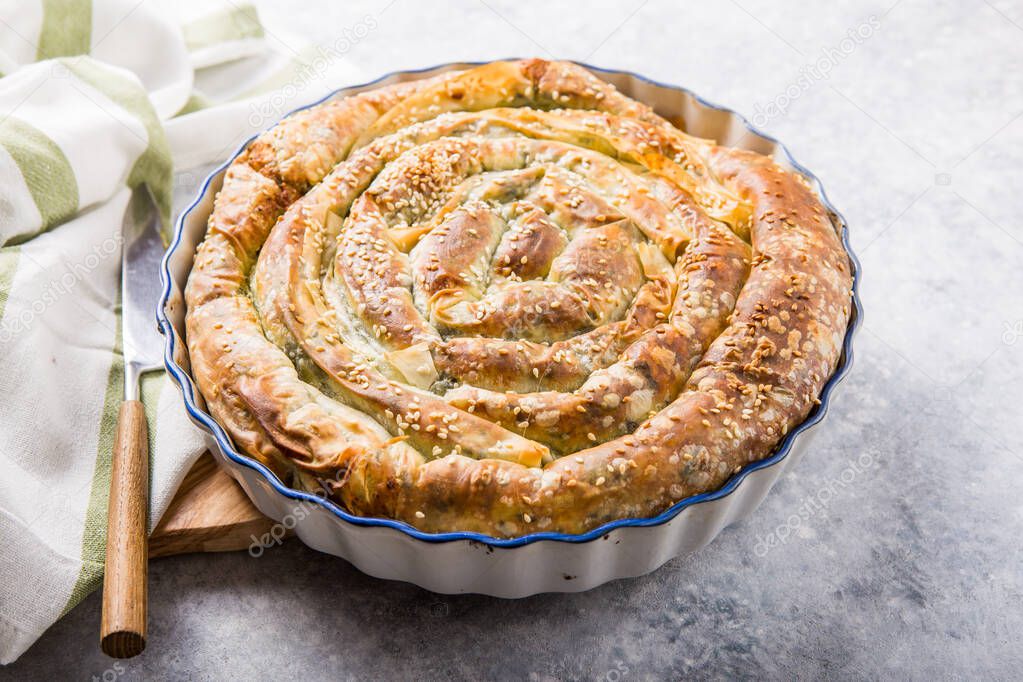 Homemade greek spanakopita pie with organic spinach