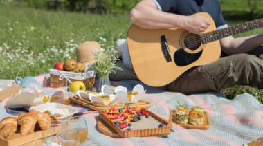 Piknik yapıyor ve park - grup arkadaşıyla açık - hafta sonu boyunca eğleniyor mutlu dostluk, gıda ve içecek, komik faaliyetleri ve gençlik yaşam tarzı konsept gitar çalmak gençler
