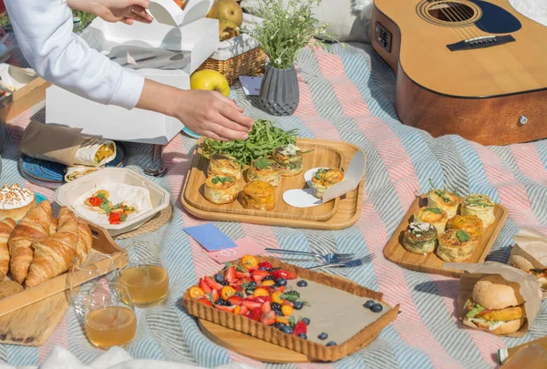 Gente Toma Comida Manta Picnic Cuadros Picnic Familiar Verano Aire — Foto de Stock