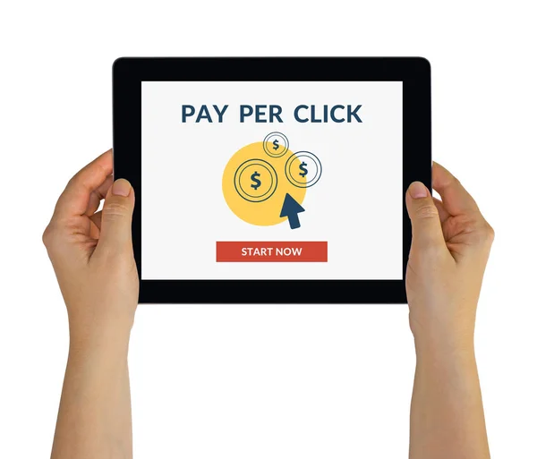 Hände halten Tablet mit Pay-per-Click-Konzept auf dem Bildschirm — Stockfoto