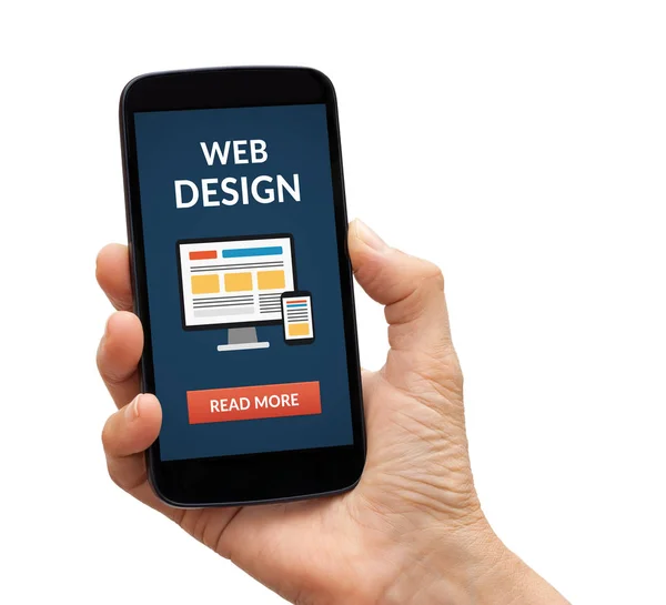 Hand holding smart phone with web design concept on screen — Stock Photo, Image