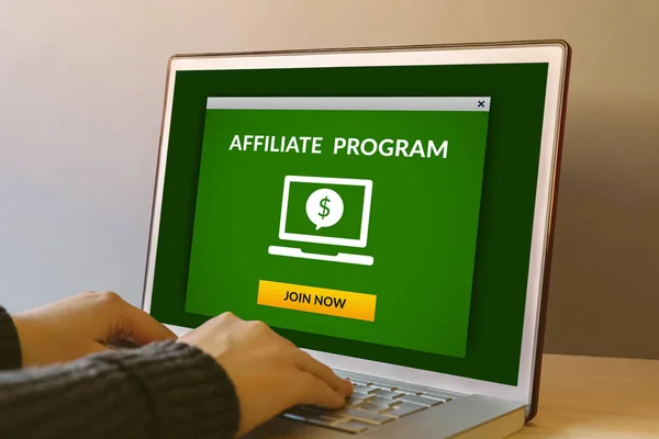 Affiliate program concept on laptop computer screen on wooden table — Stock Photo, Image