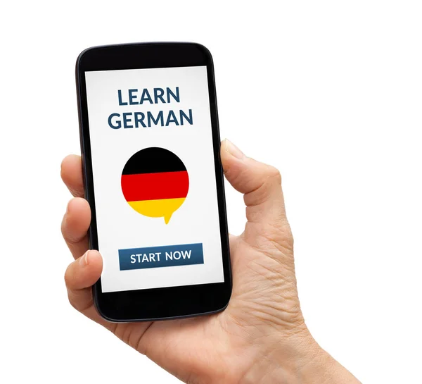 Χέρι που κρατά το έξυπνο τηλέφωνο με μάθετε Γερμανικά έννοια στην οθόνη — Φωτογραφία Αρχείου