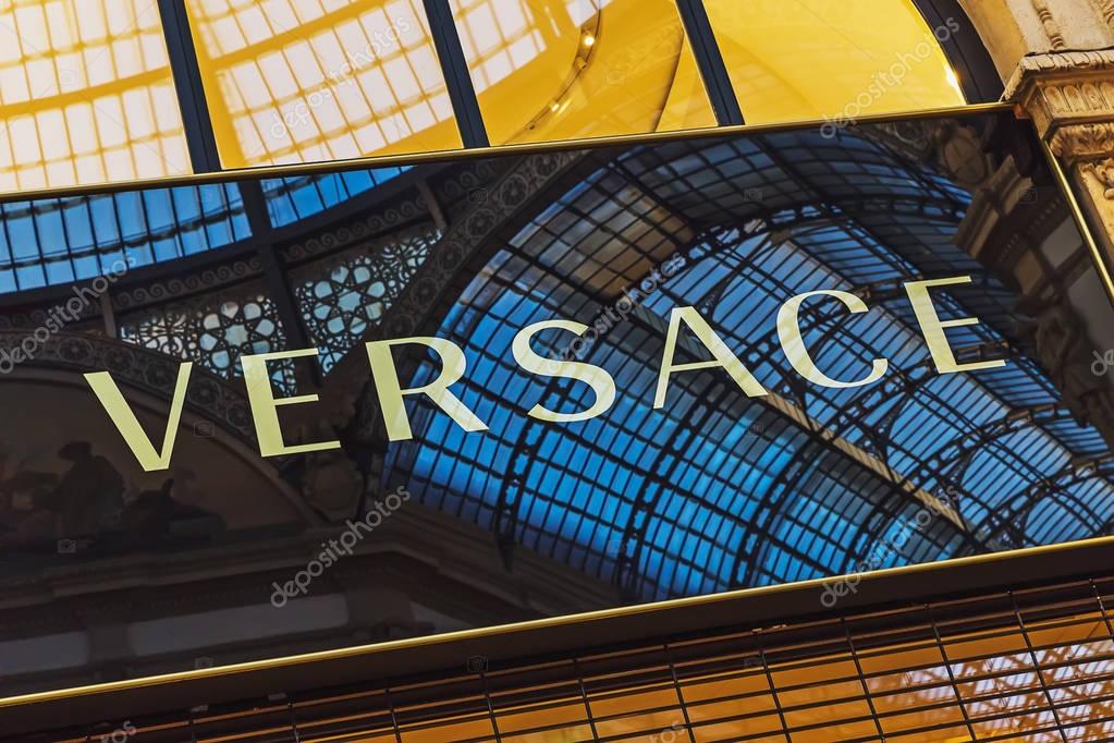 Milan, Italy - October 6, 2017: Sign on Versace store in Galleria Vittorio Emanuele in Milan, Italy