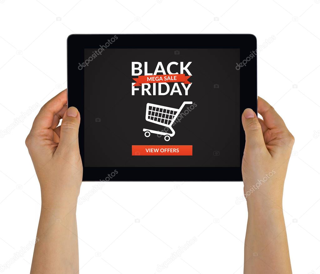 Hands holding tablet with Black Friday concept on screen