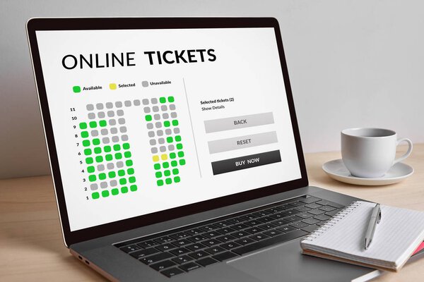 Online tickets concept on modern laptop computer screen