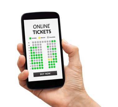 Online bilet konsepti ile akıllı telefon ekranında tutan el
