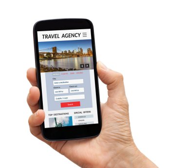 Seyahat Acentası konsepti ile akıllı telefon ekranında tutan el