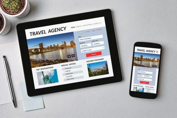Travel agency concept on tablet and smartphone screen