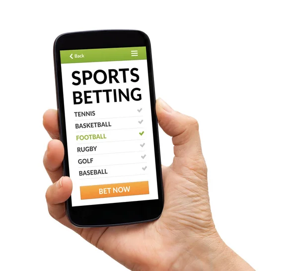 Hand met slimme telefoon met sportweddenschappen concept op scherm — Stockfoto