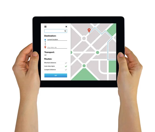 Ręce, trzymając tablet z lokalizacja tracker koncepcja na ekranie — Zdjęcie stockowe
