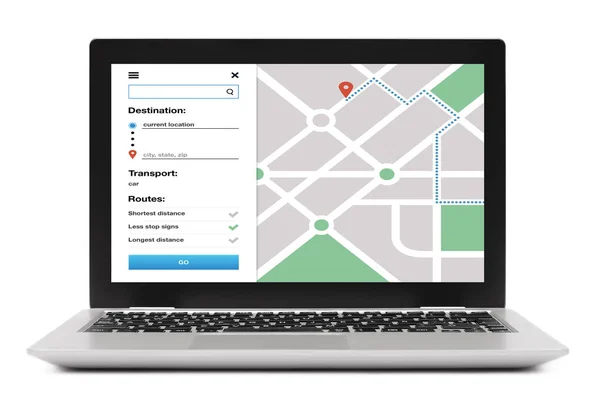 Concept de suivi de localisation sur écran d'ordinateur portable. Carte GPS application de navigation — Photo