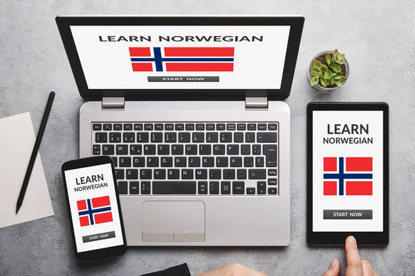 Aprender concepto noruego en la pantalla del ordenador portátil, tableta y smartphone — Foto de Stock
