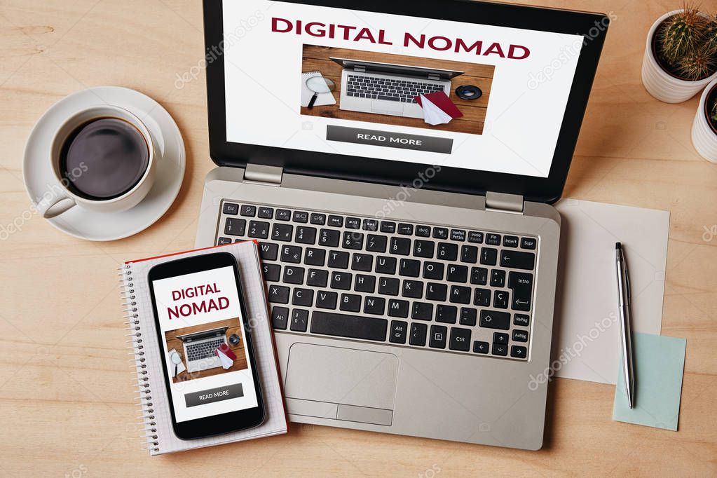 Digital nomad concept on laptop and smartphone screen