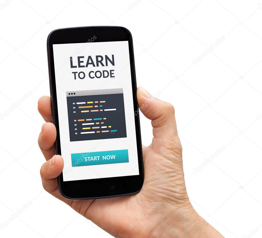 Hand holding smart phone with learn to code concept on screen
