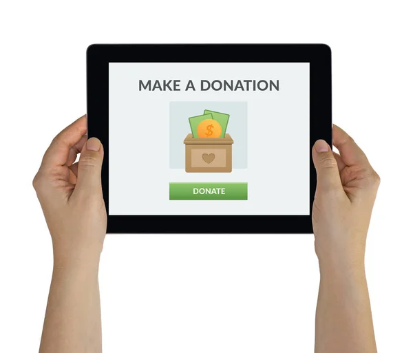 Hands holding tablet with donate concept on screen — Stock Photo, Image