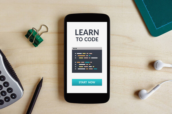 Learn to code concept on smart phone screen