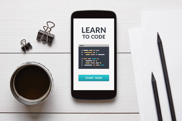 Learn to code concept on smart phone screen