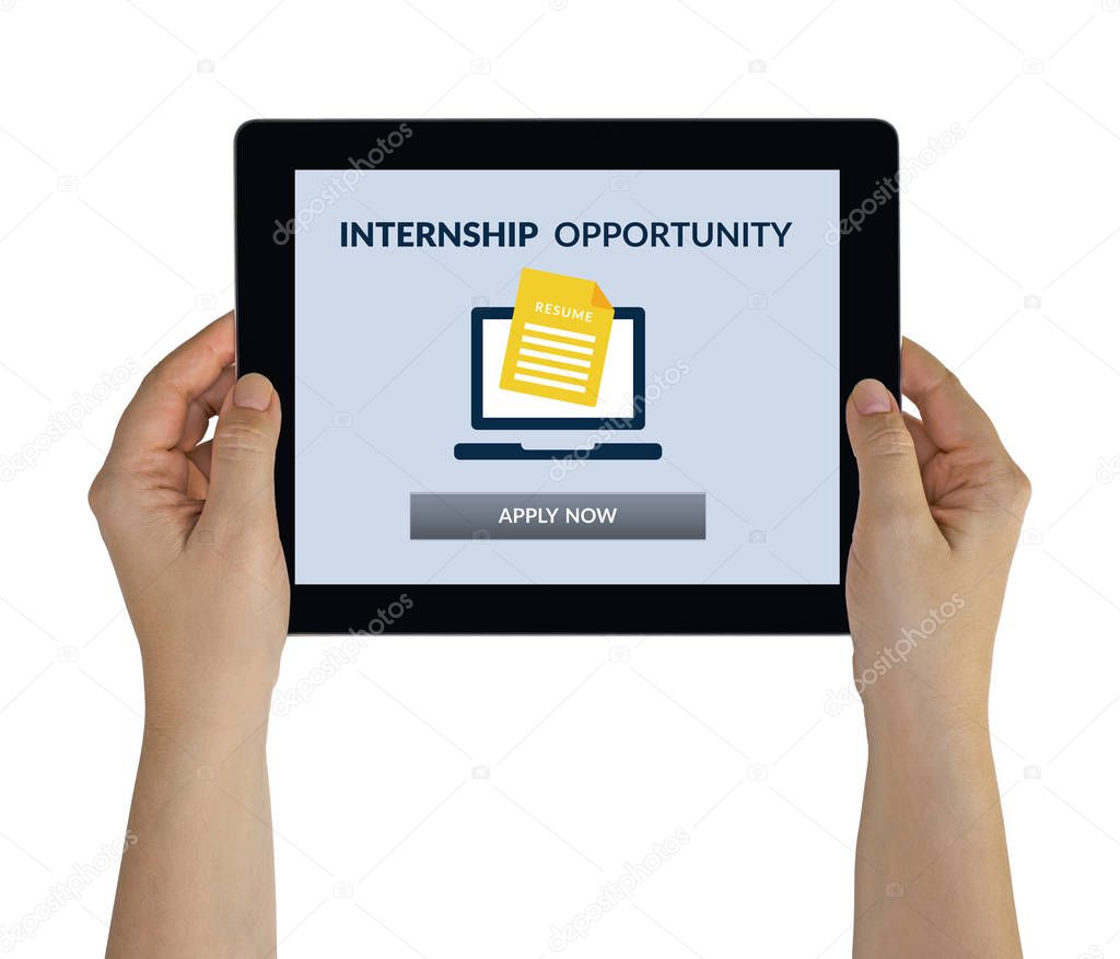Hands holding tablet with internship concept on screen