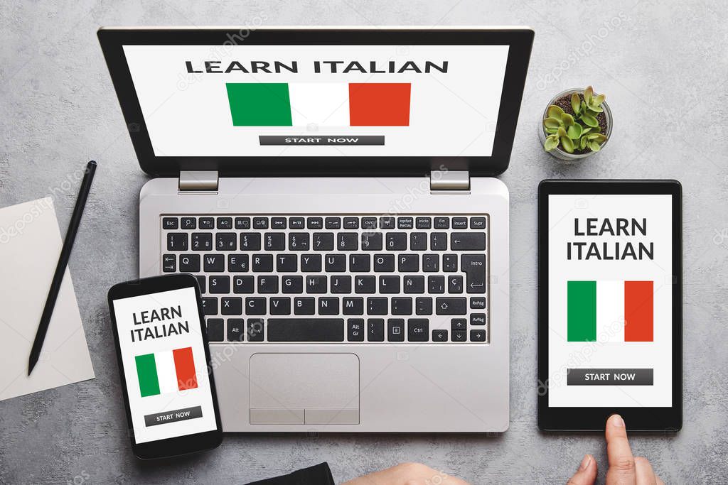 Learn Italian concept on laptop, tablet and smartphone screen