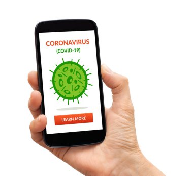 Elinde Coronavirus olan siyah akıllı bir telefon, ekranda covid-19 konsepti. Beyaz arkaplanda izole