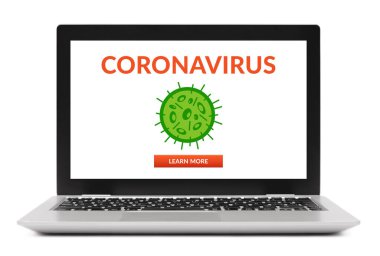 Coronavirus, bilgisayar ekranında covid-19 konsepti. Sosyal uzaklık. Beyaz arkaplanda izole.
