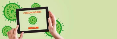 Eller Coronavirus tablet bilgisayarı kullanıyor, covid-19 yeşil fotokopi alanı web pankartı arkaplanı.