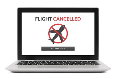 Laptop bilgisayar ekranında uçuş iptal edildi. Beyaz arkaplanda izole.
