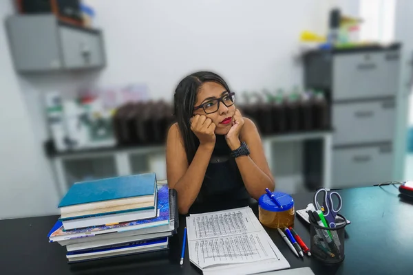 Girl with Glasses Waiting for Math Lesson, Classroom on Unfocused Background