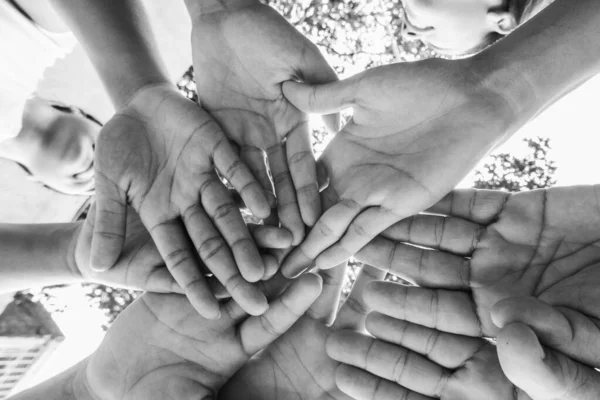 Çok sayıda insan ellerini birleştiriyor.