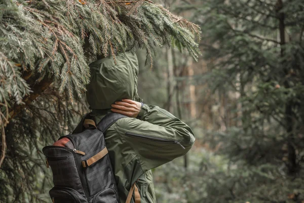 Caminante mujer descansando en el bosque de montaña — Foto de Stock