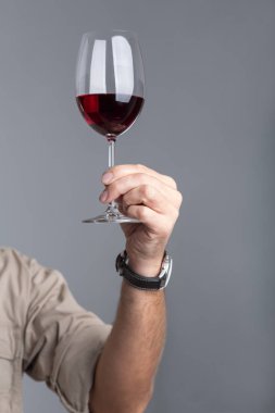 Closeup winemaker incelemek kırmızı şarap cam 