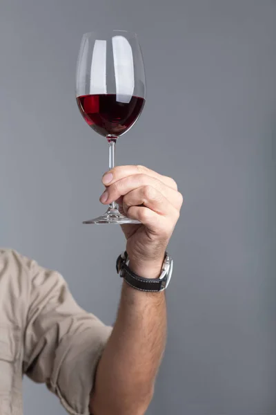 Enólogo de primer plano inspeccionar el vino tinto en vidrio —  Fotos de Stock