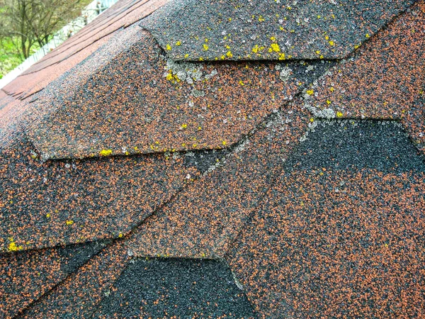 Roof with aged asphalt tiles