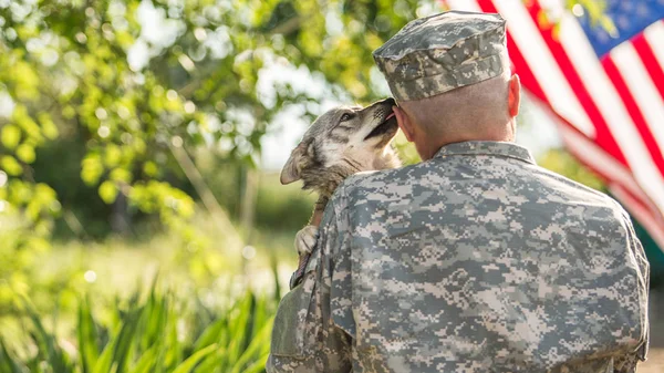 Στρατιώτης με το σκύλο του σε εξωτερικούς χώρους σε μια ηλιόλουστη ημέρα — Φωτογραφία Αρχείου