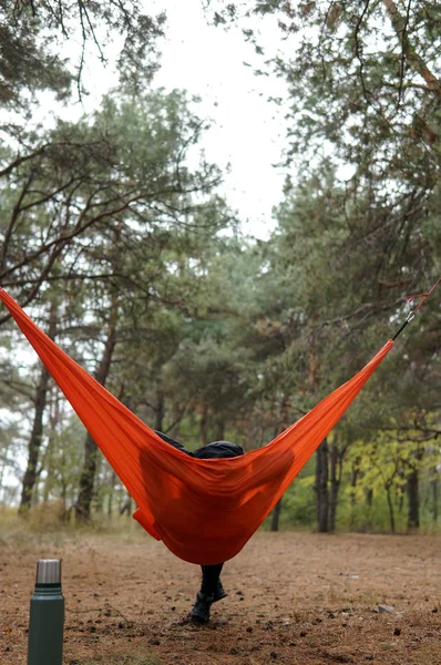 Žena Hiker relaxaci v houpací síti v národním parku krásný les — Stock fotografie