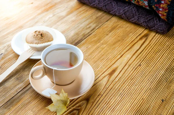Xícara de chá de outono com montão de blusas de lã dobradas e folhas de outono — Fotografia de Stock