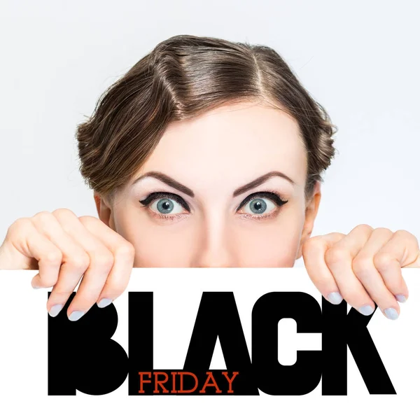 Black friday super sale beautiful woman portrait — Stock Photo, Image