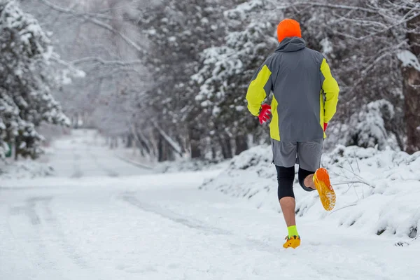 Человек Бегущий Лесу Зимой Мужчина Спортивной Одежде Бегает Зимой Парке — стоковое фото