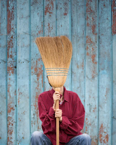 Mujer Con Escoba Como Concepto Limpieza Sobre Fondo Madera —  Fotos de Stock