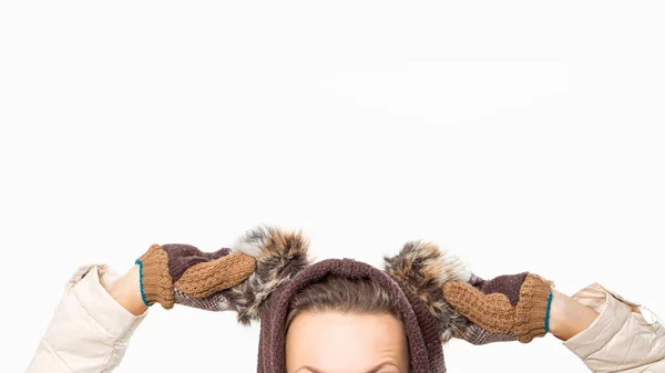 Winter Woman Wearing Fur Hat Ears Concept 2020 New Year — Stock Photo, Image