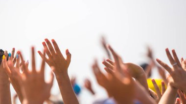 Bir grup mutlu genç insan ellerini havaya kaldırdı.