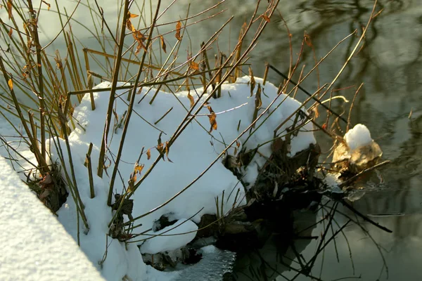 Winterpark Schnee Äste Über Den Fluss Gebeugt Wasserfälle Rauschen Und — Stockfoto