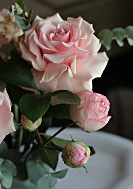 Bir buket gül ve beyaz çiçekler, parlak yeşil yapraklı muhteşem pembe ve beyaz güller, açılmamış çiçeklerin narin tomurcukları ve güller